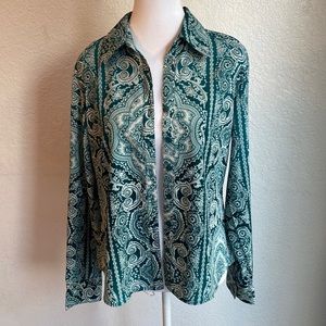 Ninety Green Paisley Print Button Down Blouse Shirt Size M